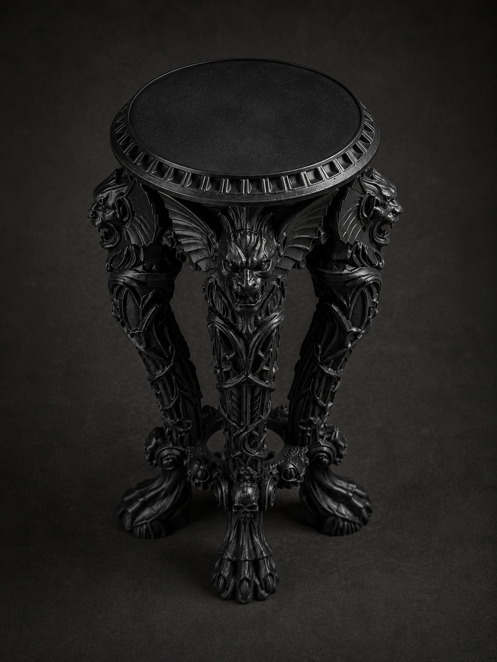 The Dark Guardian — Gargoyle Plant Stand, Gothic Tabletop Pedestal, Hand-Painted