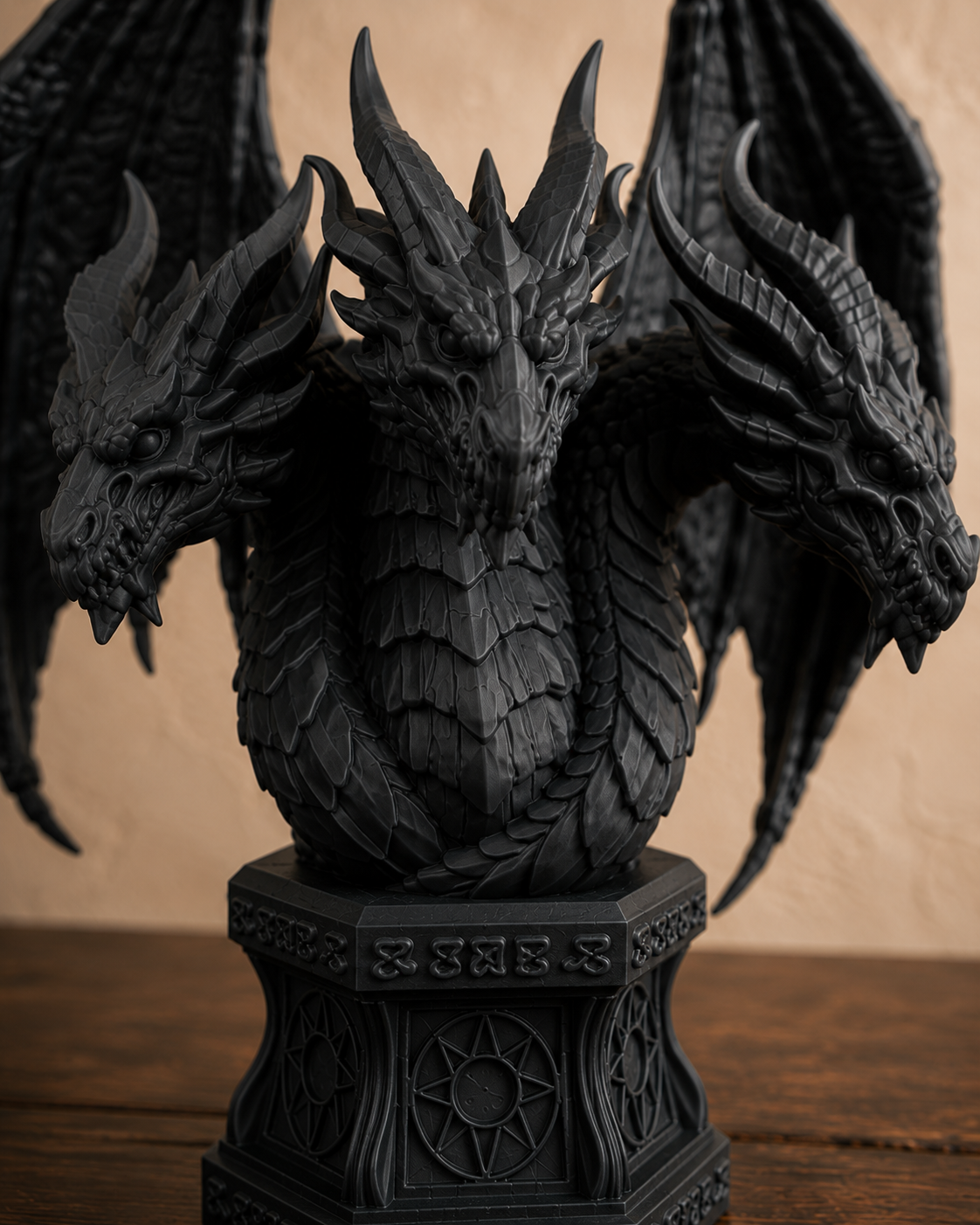 The Threefold Wyrm — Three Headed Dragon Statue, Gothic Bust Decor, Hand-Painted