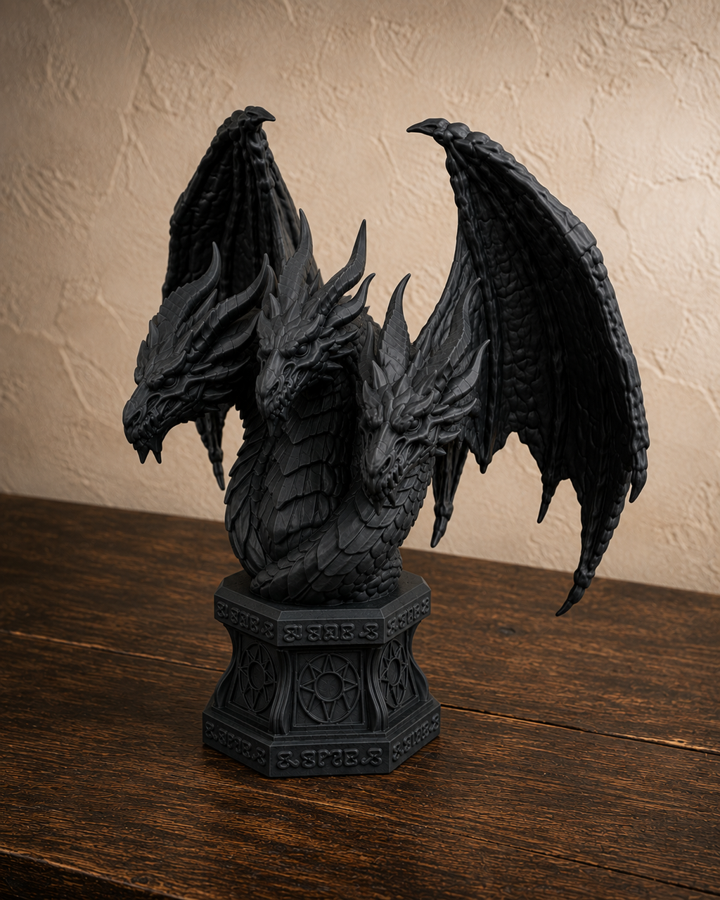 The Threefold Wyrm — Three Headed Dragon Statue, Gothic Bust Decor, Hand-Painted