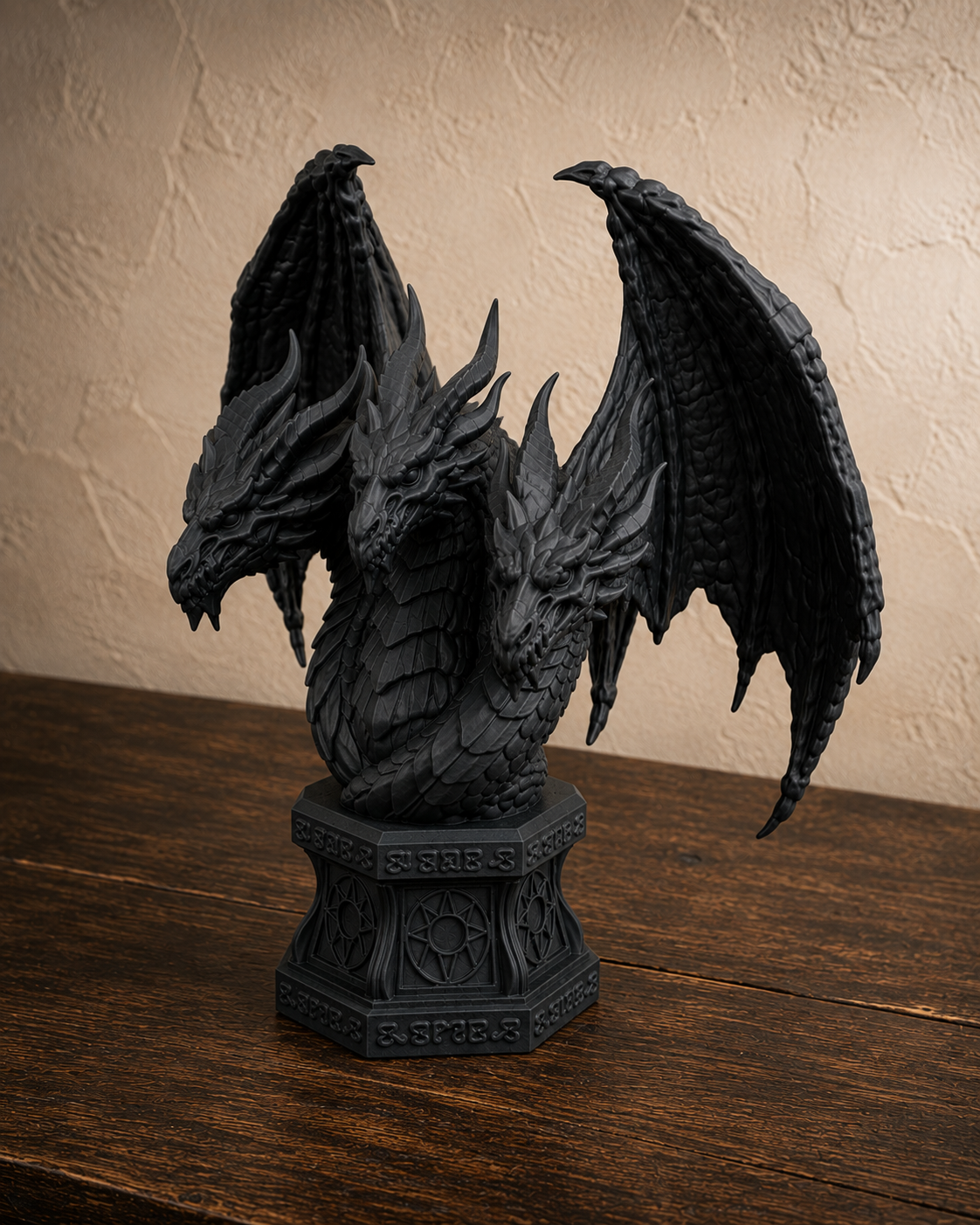 The Threefold Wyrm — Three Headed Dragon Statue, Gothic Bust Decor, Hand-Painted