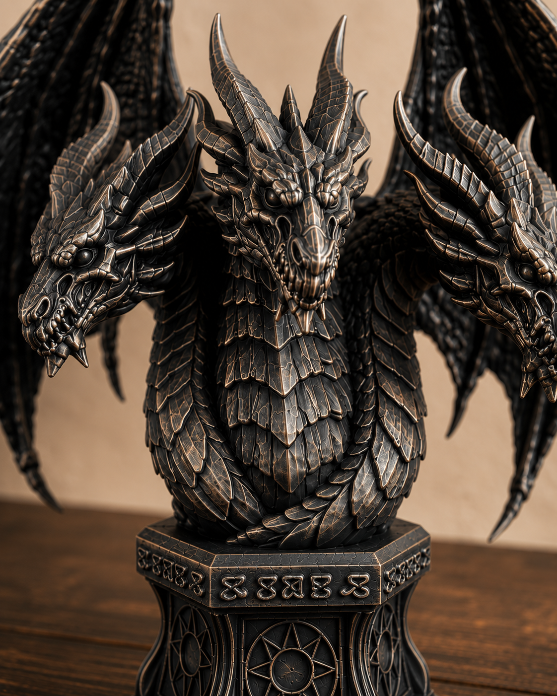 The Threefold Wyrm — Three Headed Dragon Statue, Gothic Bust Decor, Hand-Painted