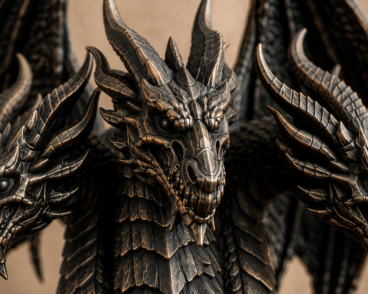 The Threefold Wyrm — Three Headed Dragon Statue, Gothic Bust Decor, Hand-Painted