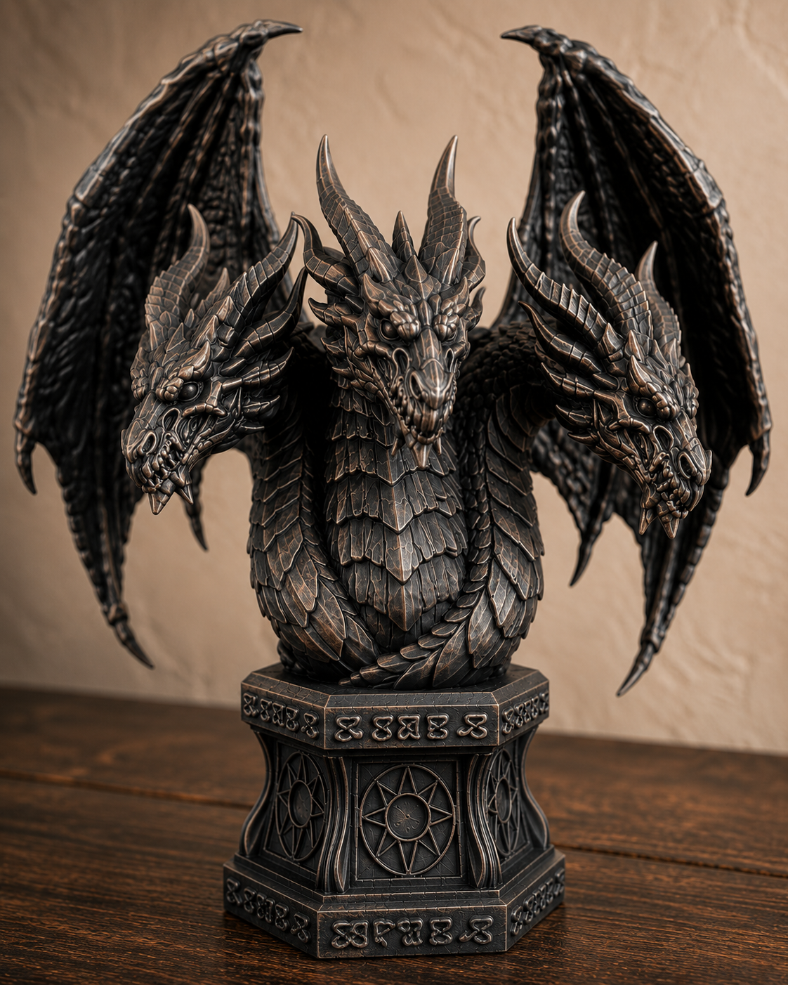 The Threefold Wyrm — Three Headed Dragon Statue, Gothic Bust Decor, Hand-Painted