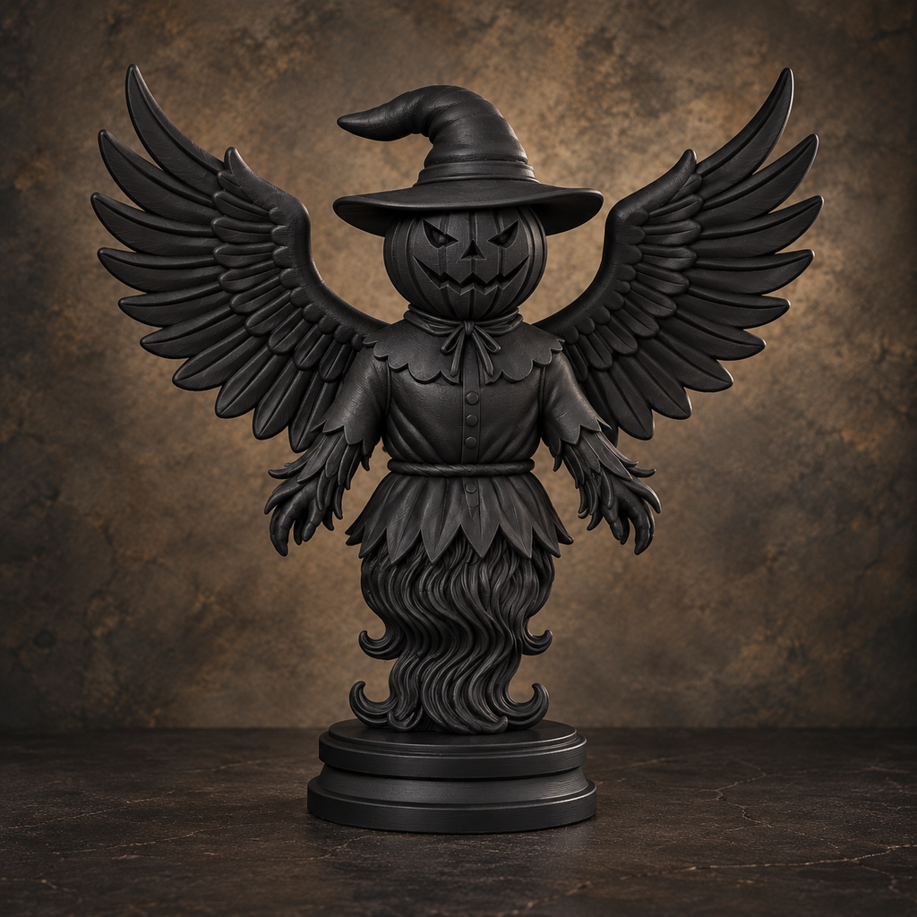 The Hollow Sentinel — Winged Scarecrow Figurine, Gothic Halloween Shelf Decor