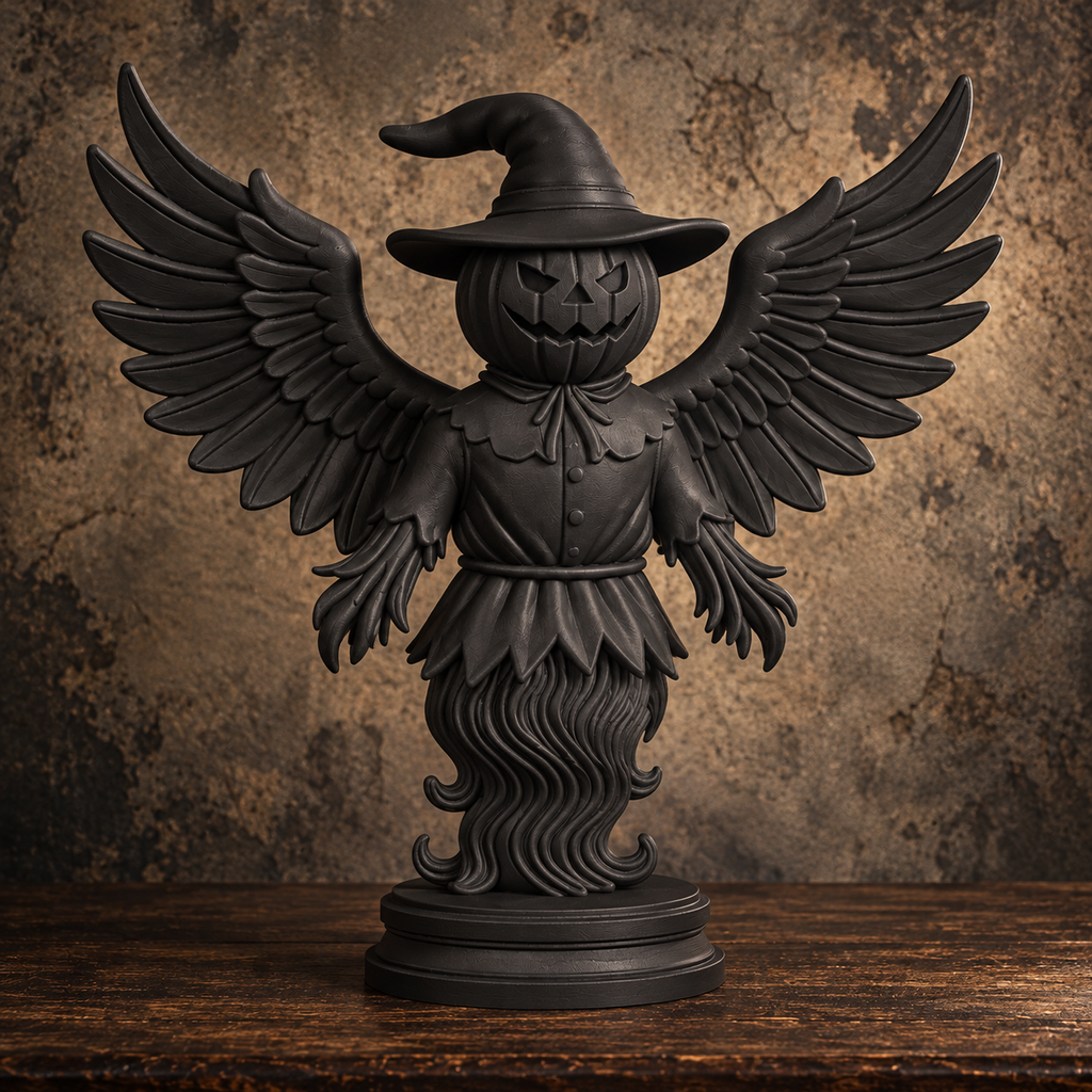 The Hollow Sentinel — Winged Scarecrow Figurine, Gothic Halloween Shelf Decor