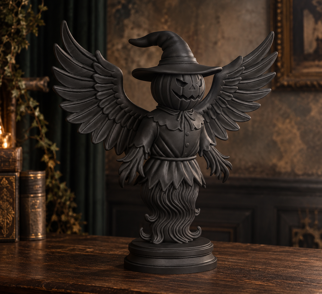The Hollow Sentinel — Winged Scarecrow Figurine, Gothic Halloween Shelf Decor