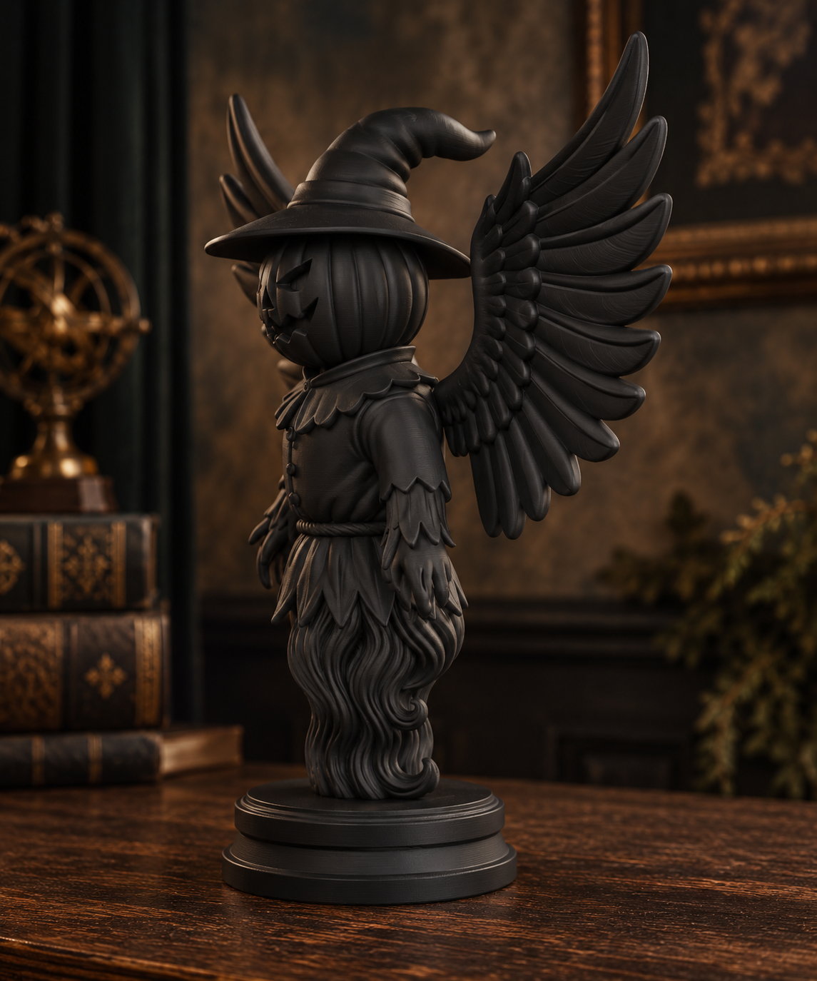 The Hollow Sentinel — Winged Scarecrow Figurine, Gothic Halloween Shelf Decor