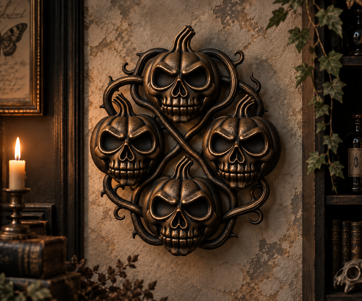 The Harvest Wake — Pumpkin Skull Halloween Wreath, Gothic Door Decor