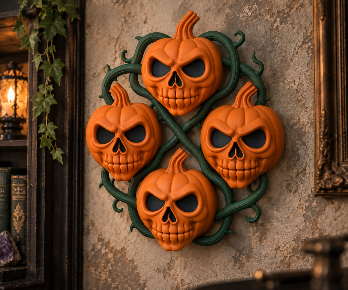 The Harvest Wake — Pumpkin Skull Halloween Wreath, Gothic Door Decor