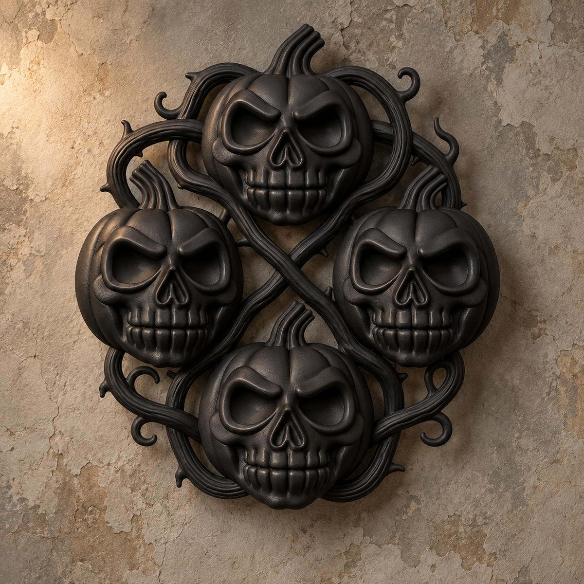 The Harvest Wake — Pumpkin Skull Halloween Wreath, Gothic Door Decor