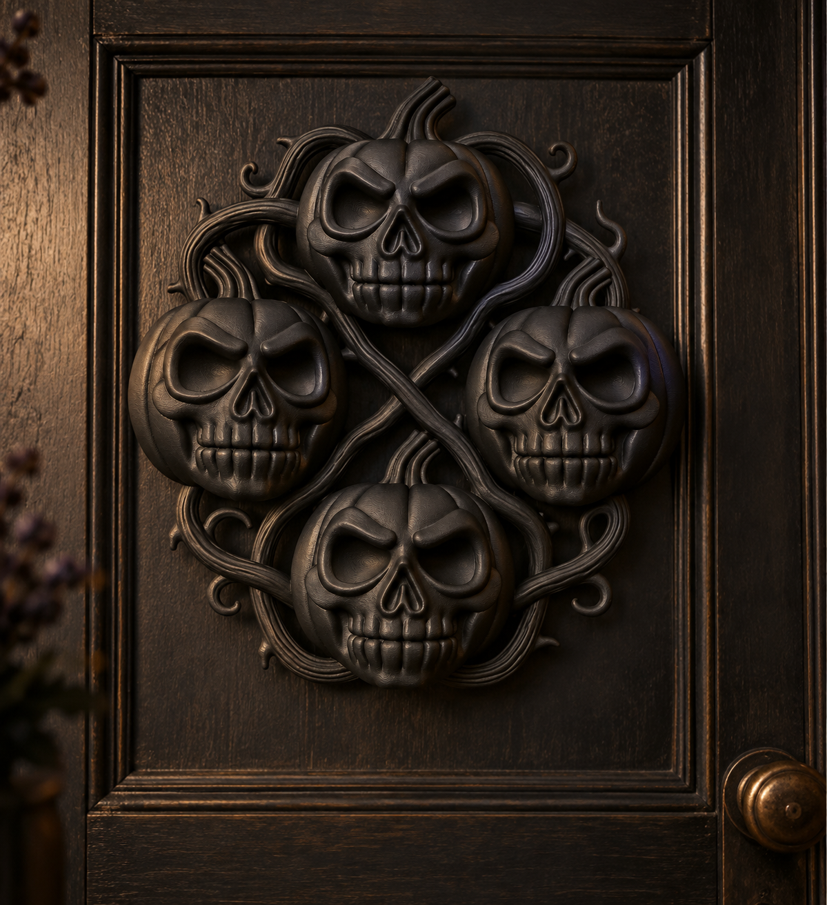 The Harvest Wake — Pumpkin Skull Halloween Wreath, Gothic Door Decor