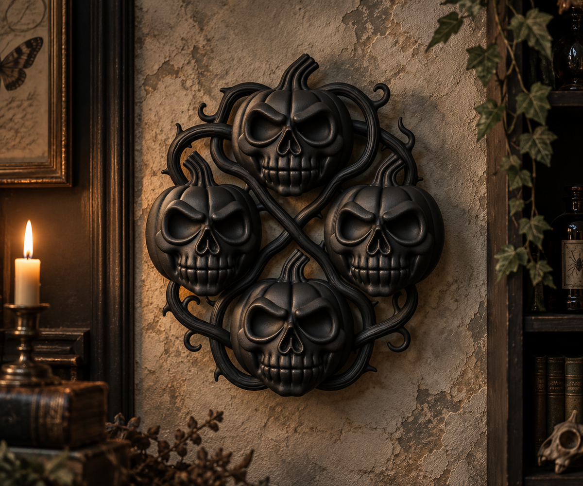 The Harvest Wake — Pumpkin Skull Halloween Wreath, Gothic Door Decor