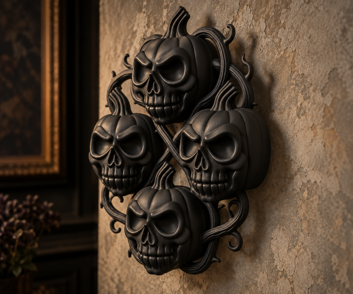 The Harvest Wake — Pumpkin Skull Halloween Wreath, Gothic Door Decor