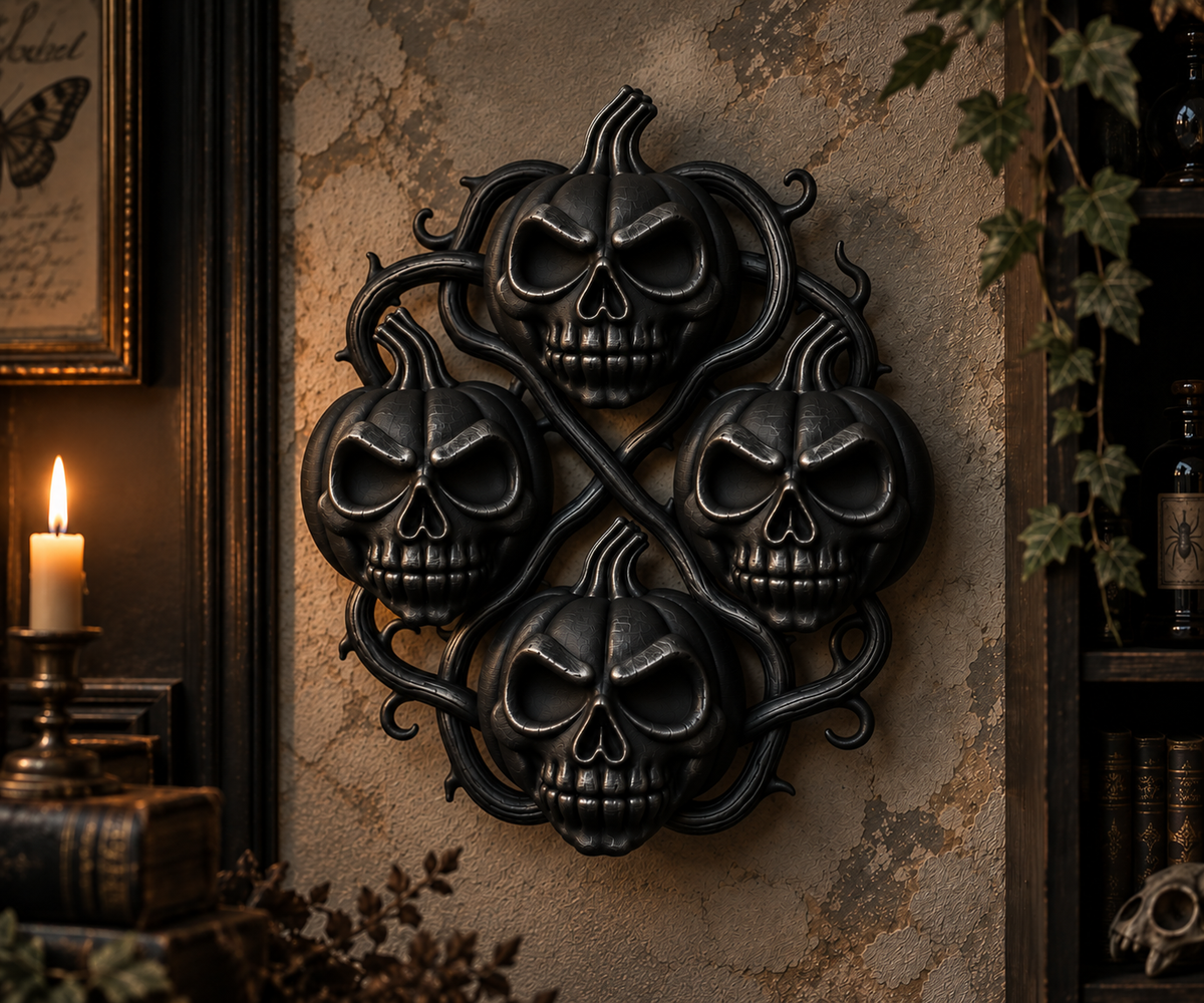 The Harvest Wake — Pumpkin Skull Halloween Wreath, Gothic Door Decor