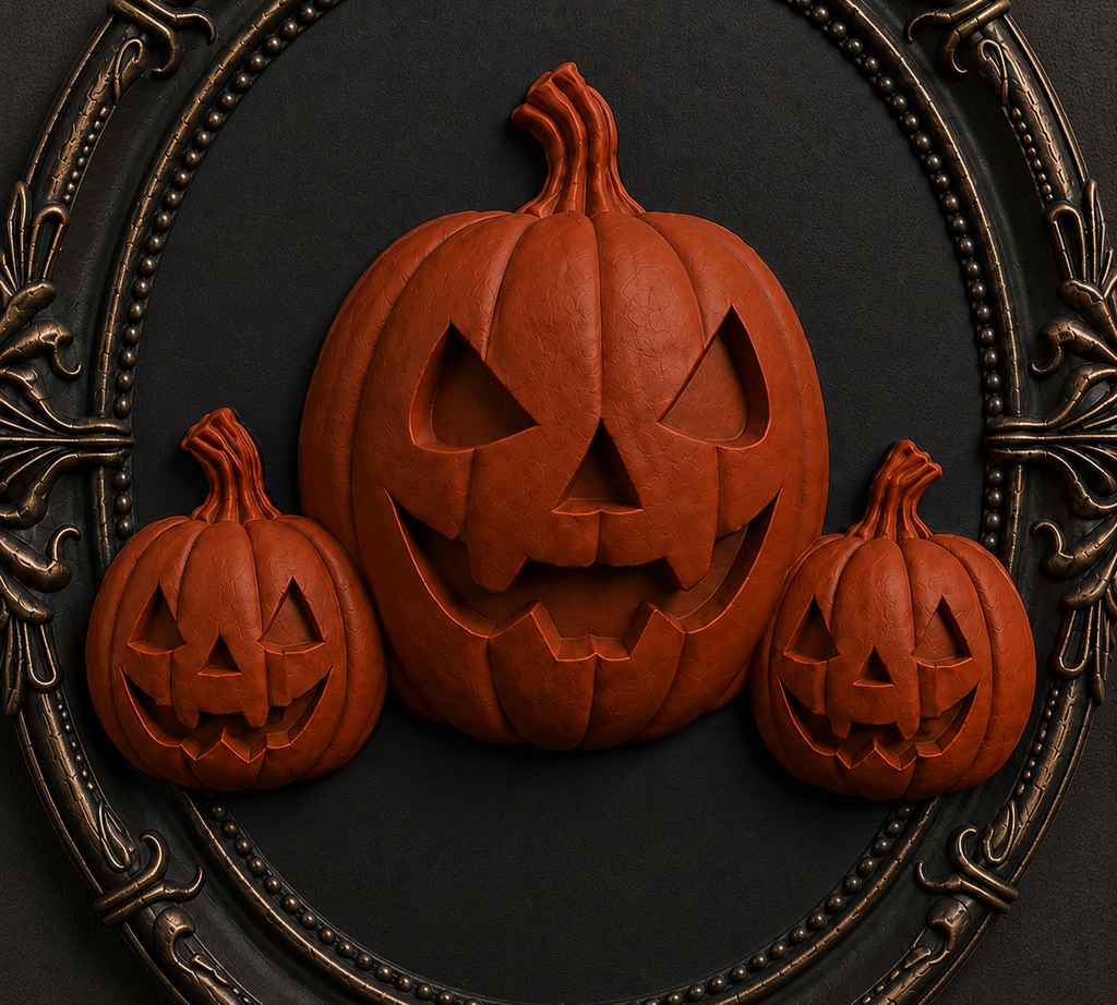 The Lantern Family — Three Pumpkin Cameo Wall Plaque, Gothic Halloween Wall Decor