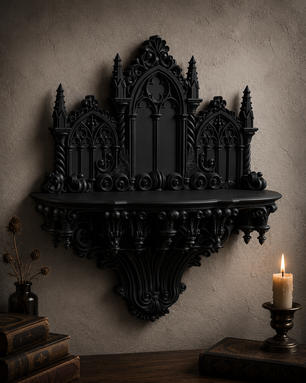The Curios Chapel — Curio Display Shelf, Gothic Wall Cabinet, Hand-Painted