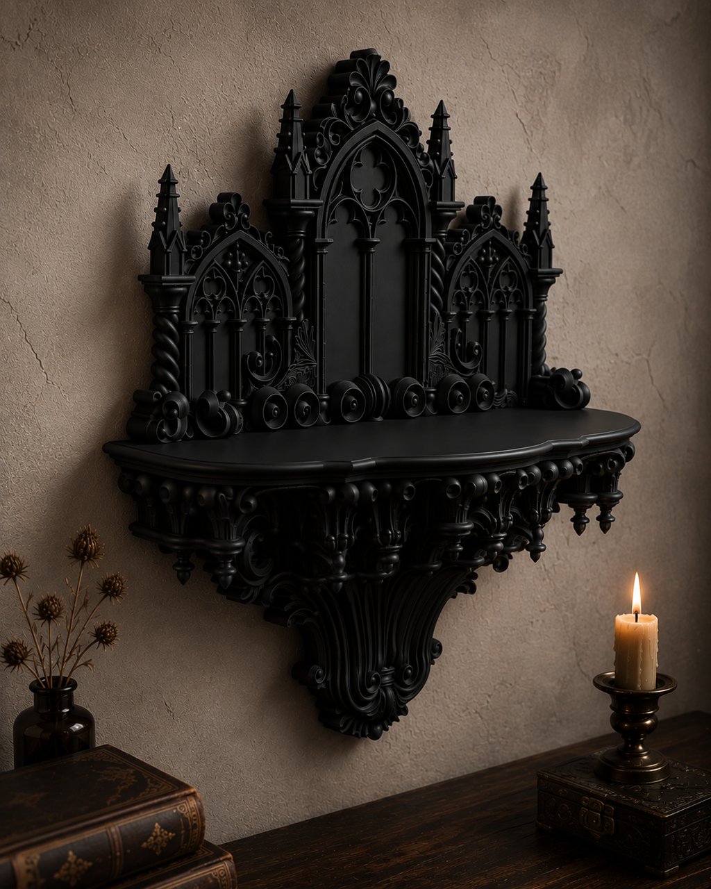 The Curios Chapel — Curio Display Shelf, Gothic Wall Cabinet, Hand-Painted