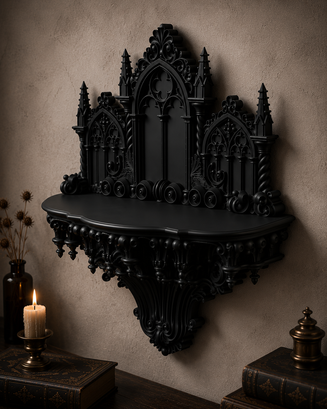 The Curios Chapel — Curio Display Shelf, Gothic Wall Cabinet, Hand-Painted