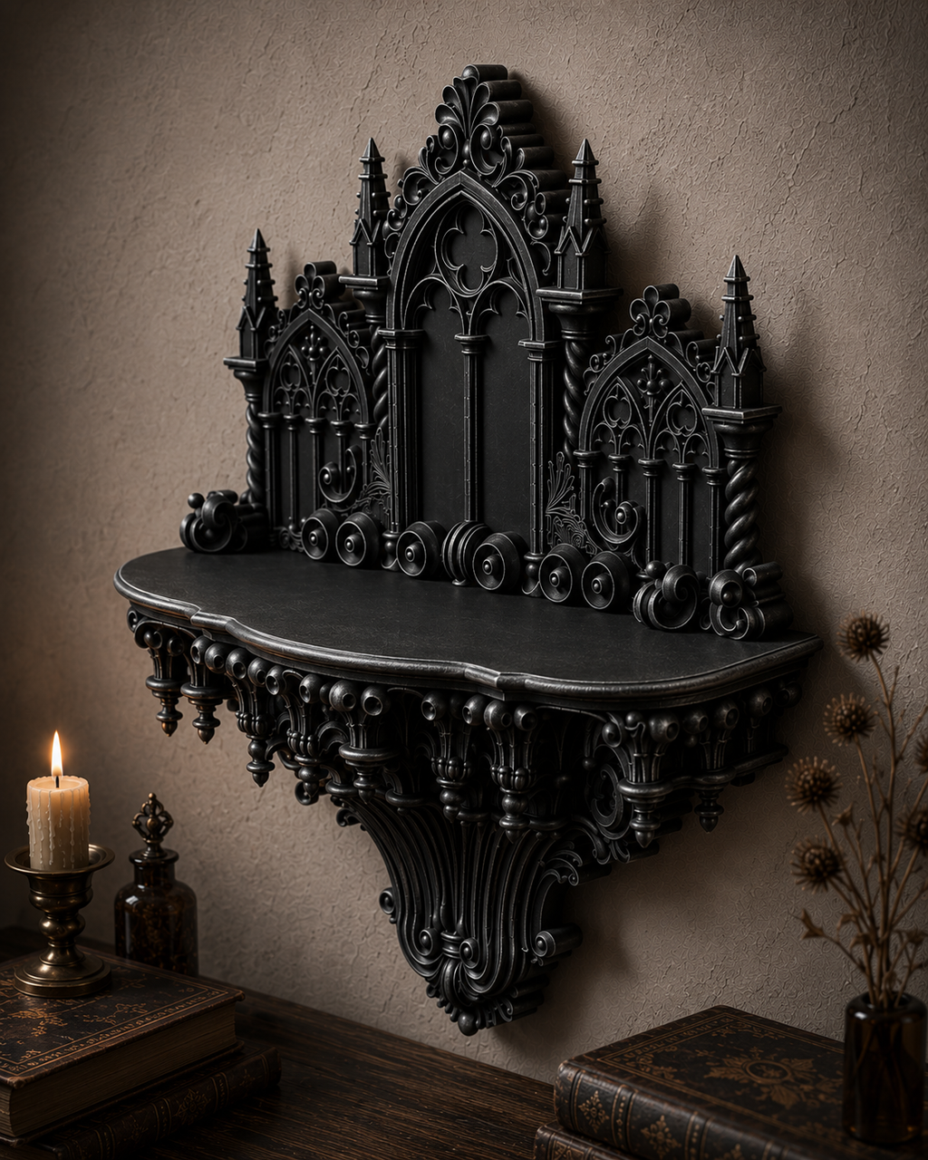 The Curios Chapel — Curio Display Shelf, Gothic Wall Cabinet, Hand-Painted
