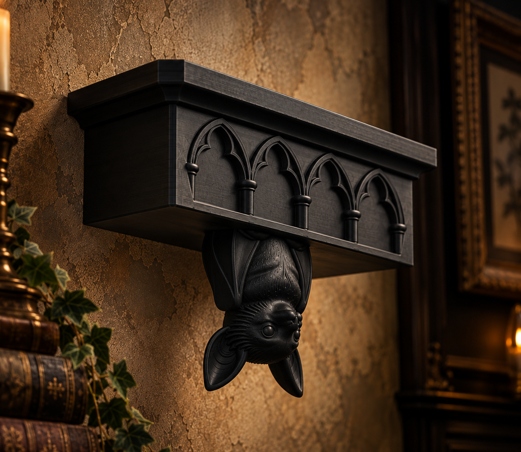 The Cathedral Roost — Gothic Bat Cathedral Wall Shelf, Gothic Halloween Wall Shelf