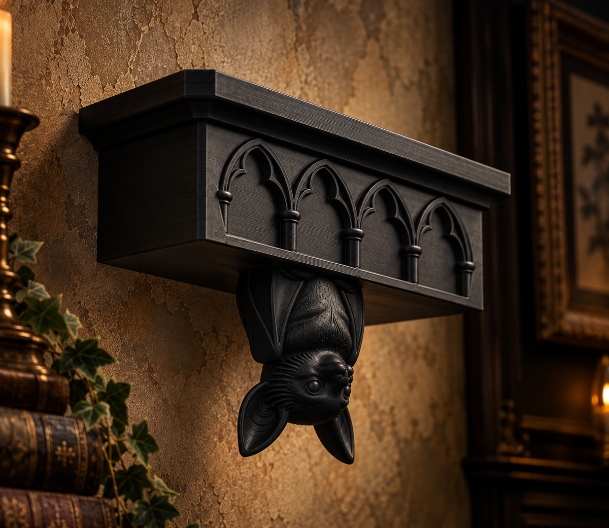 The Cathedral Roost — Gothic Bat Cathedral Wall Shelf, Gothic Halloween Wall Shelf
