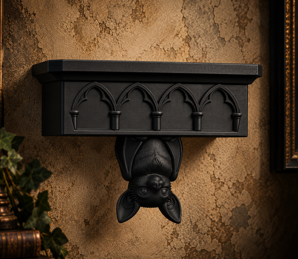 The Cathedral Roost — Gothic Bat Cathedral Wall Shelf, Gothic Halloween Wall Shelf