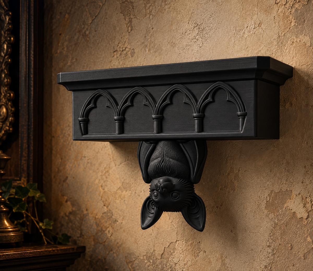 The Cathedral Roost — Gothic Bat Cathedral Wall Shelf, Gothic Halloween Wall Shelf