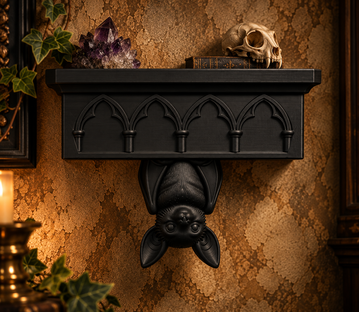 The Cathedral Roost — Gothic Bat Cathedral Wall Shelf, Gothic Halloween Wall Shelf