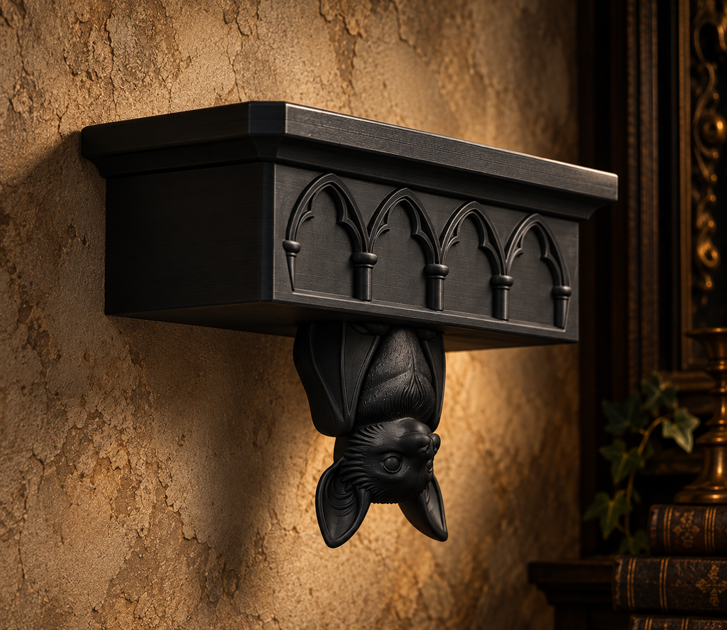 The Cathedral Roost — Gothic Bat Cathedral Wall Shelf, Gothic Halloween Wall Shelf