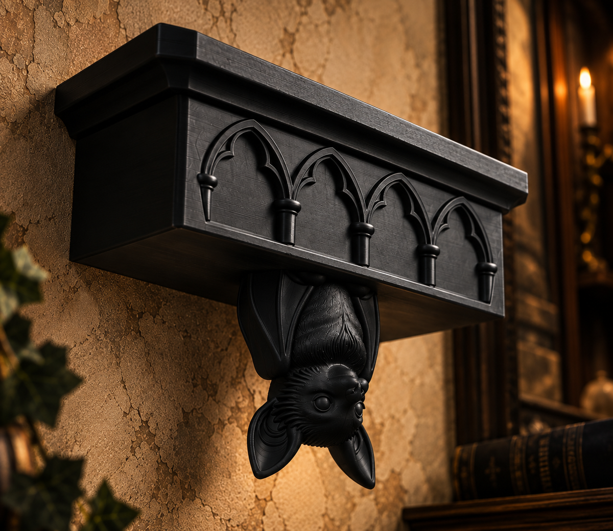 The Cathedral Roost — Gothic Bat Cathedral Wall Shelf, Gothic Halloween Wall Shelf