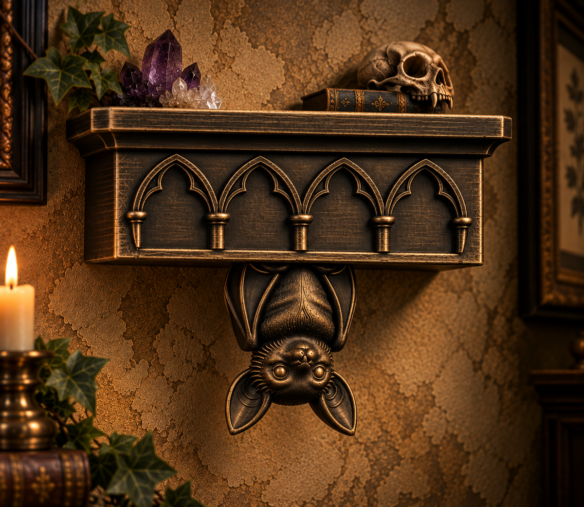 The Cathedral Roost — Gothic Bat Cathedral Wall Shelf by Gremlin Relics