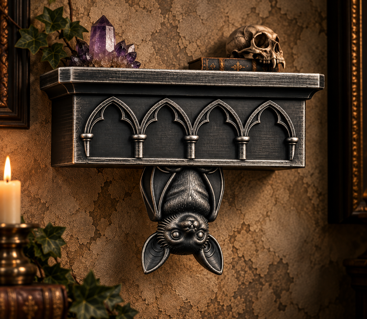 The Cathedral Roost — Gothic Bat Cathedral Wall Shelf by Gremlin Relics