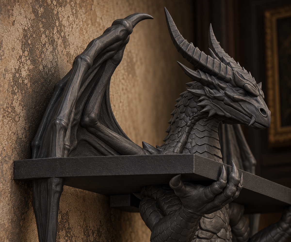 The Crowned Wyrm — Winged Dragon Wall Shelf, Gothic Display Ledge