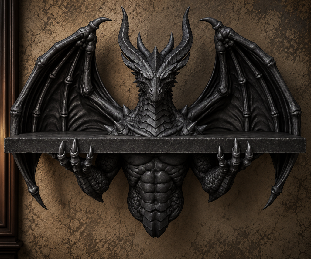 The Crowned Wyrm — Winged Dragon Wall Shelf, Gothic Display Ledge