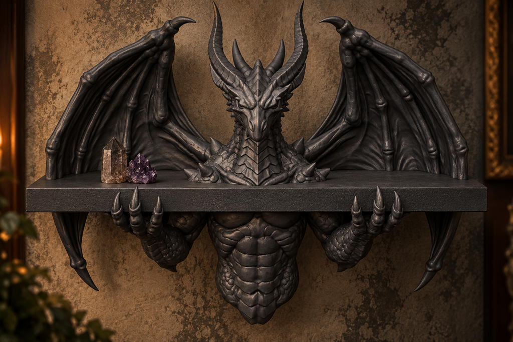 The Crowned Wyrm — Winged Dragon Wall Shelf, Gothic Display Ledge