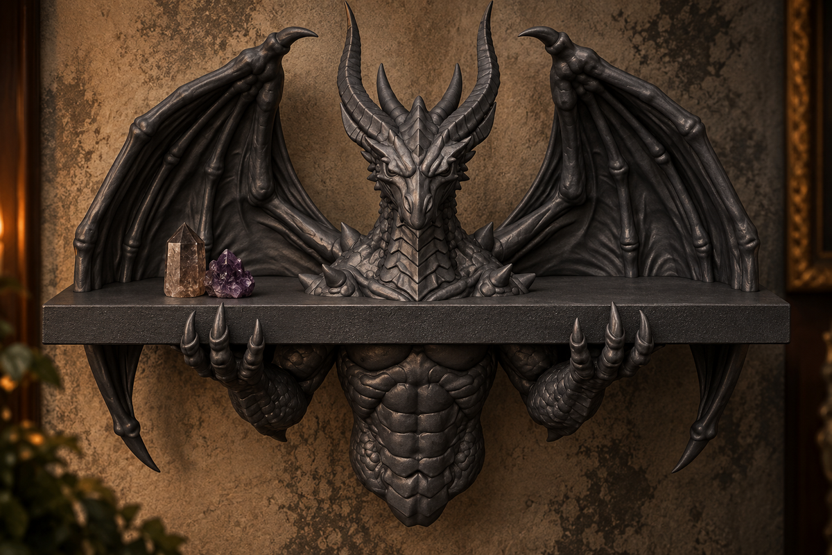 The Crowned Wyrm — Winged Dragon Wall Shelf, Gothic Display Ledge