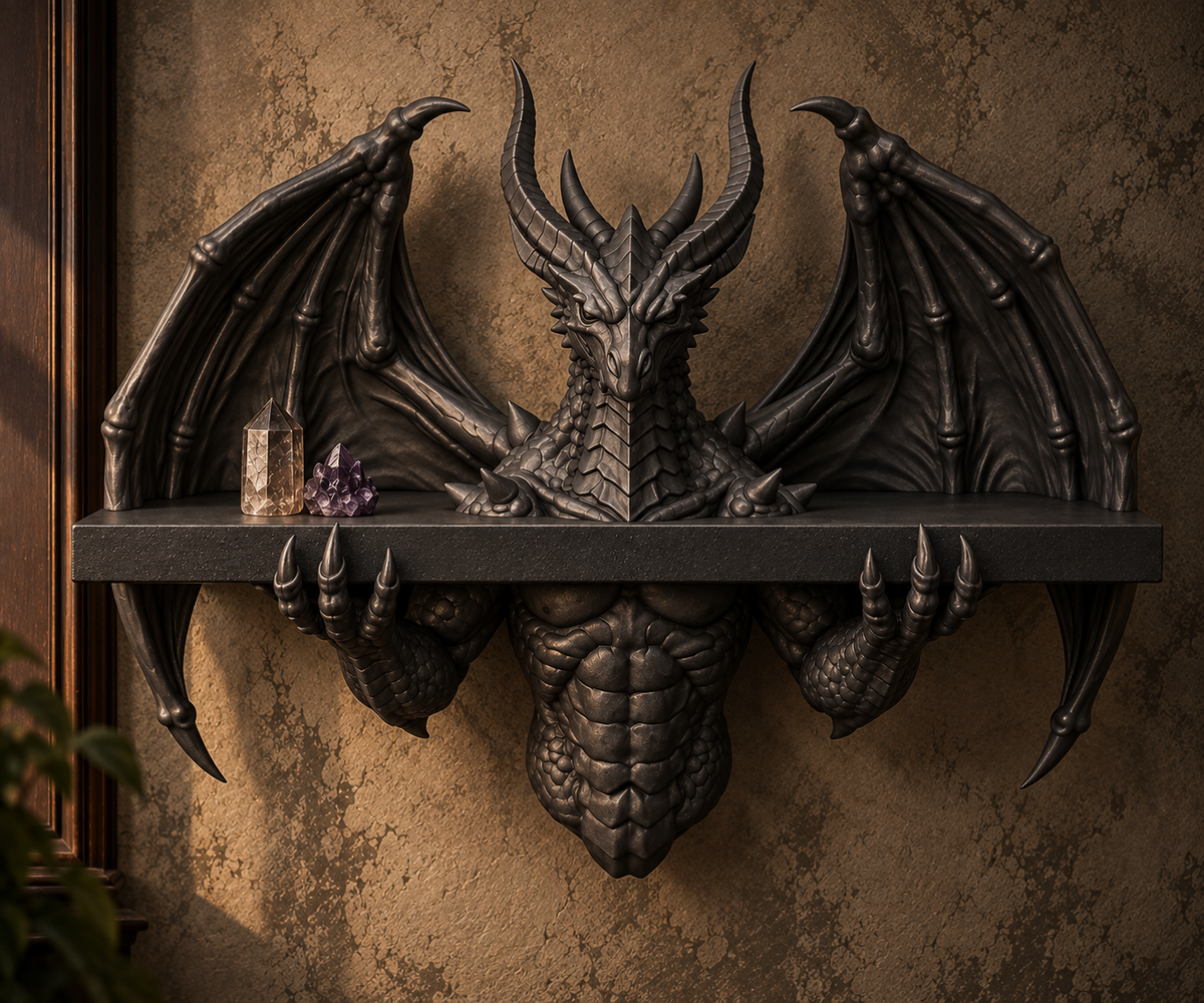 The Crowned Wyrm — Winged Dragon Wall Shelf, Gothic Display Ledge