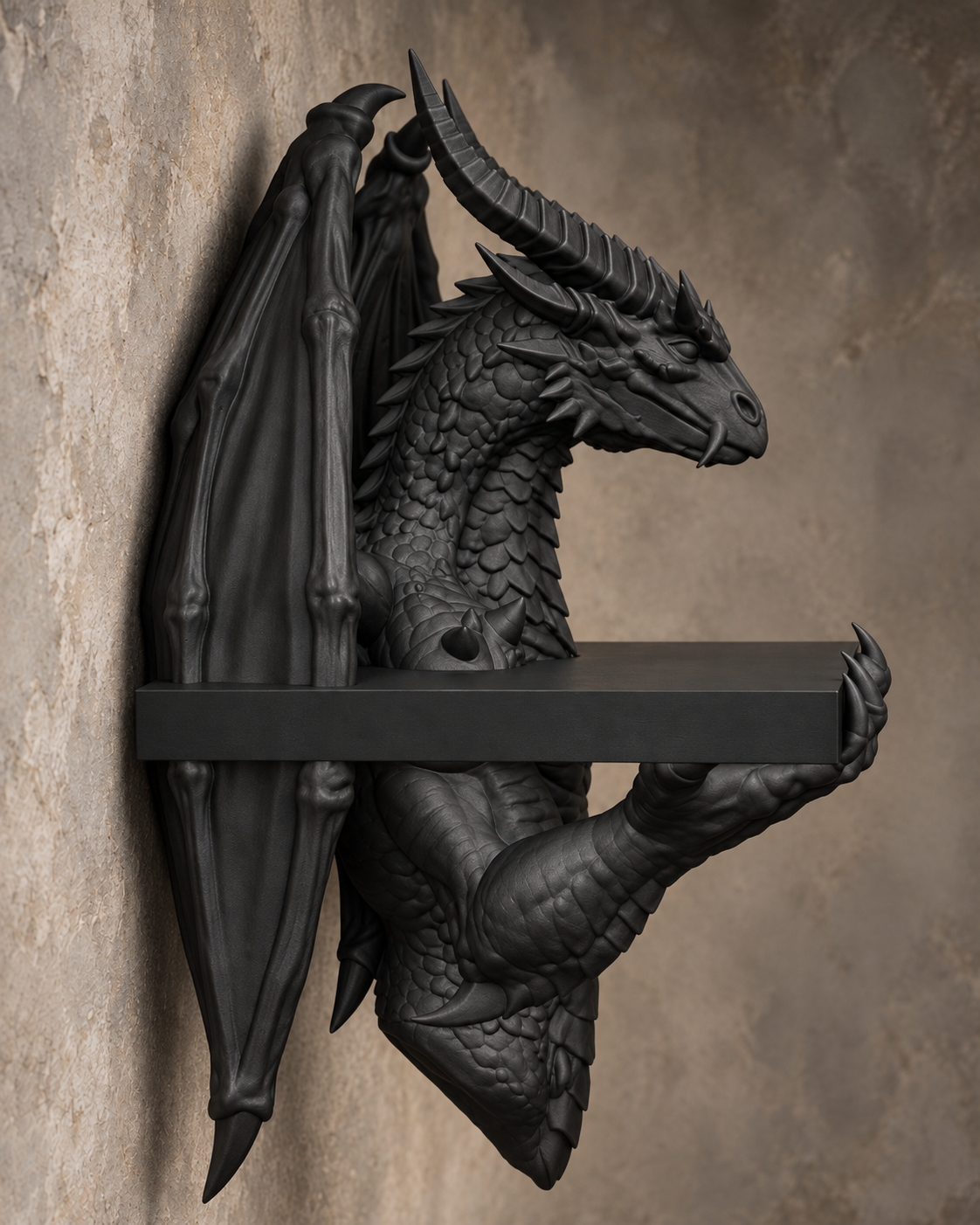 The Crowned Wyrm — Winged Dragon Wall Shelf, Gothic Display Ledge