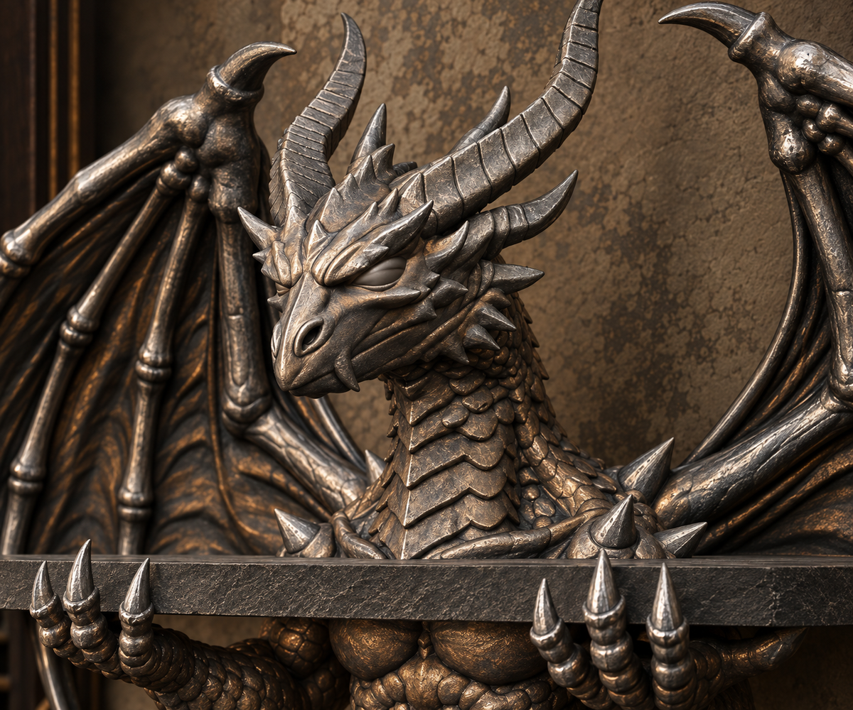 The Crowned Wyrm — Winged Dragon Wall Shelf, Gothic Display Ledge