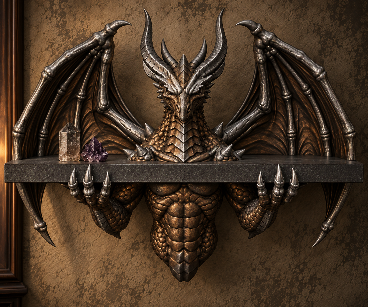 The Crowned Wyrm — Winged Dragon Wall Shelf, Gothic Display Ledge