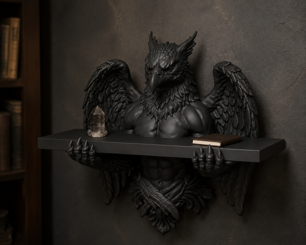 The Skybound Guardian — Hippogriff Wall Shelf, Gothic Crystal Shelf, Hand-Painted