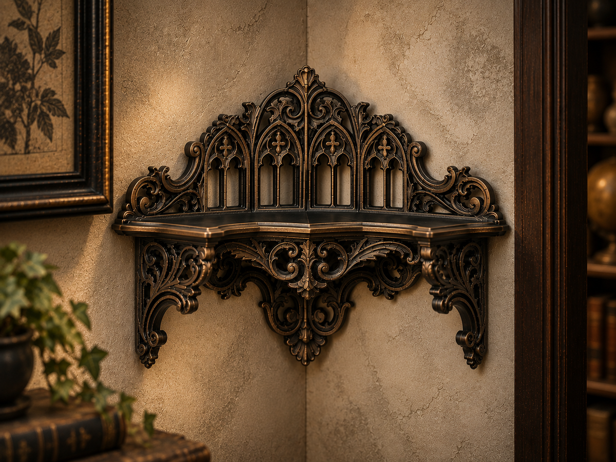 The Black Court — Corner Wall Shelf, Gothic Candle & Crystal Shelf, Hand-Painted
