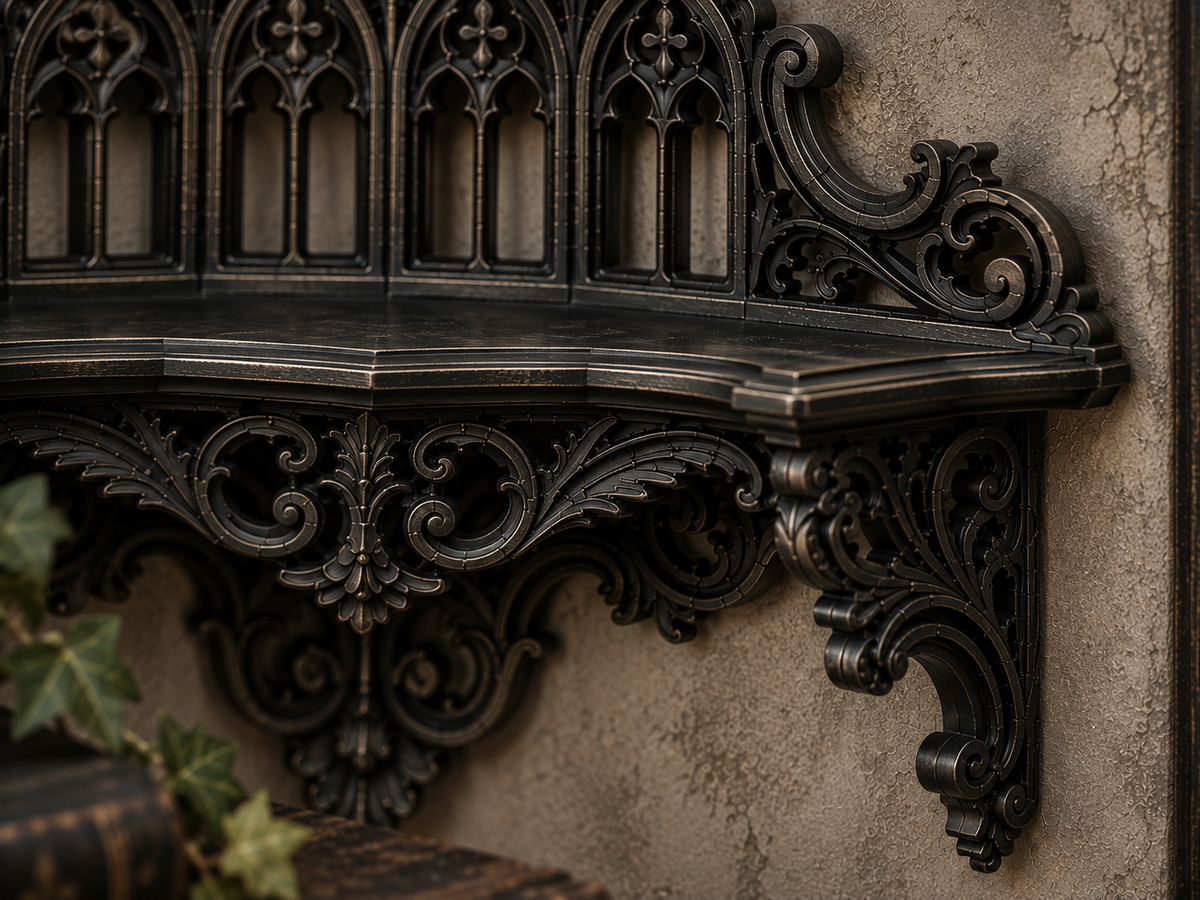 The Black Court — Corner Wall Shelf, Gothic Candle & Crystal Shelf, Hand-Painted