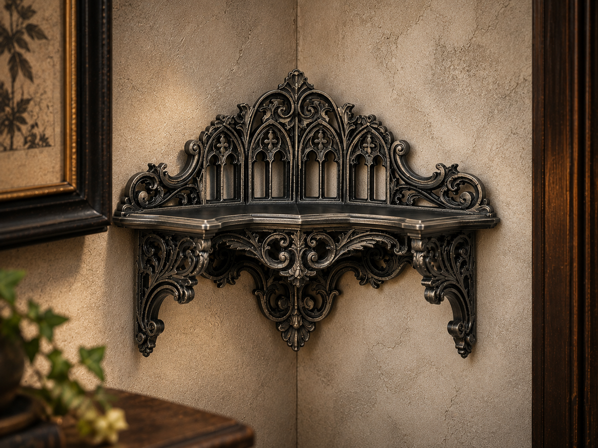 The Black Court — Corner Wall Shelf, Gothic Candle & Crystal Shelf, Hand-Painted