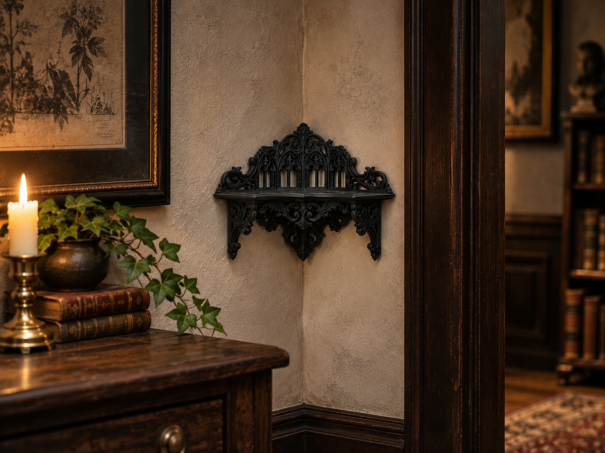 The Black Court — Corner Wall Shelf, Gothic Candle & Crystal Shelf, Hand-Painted