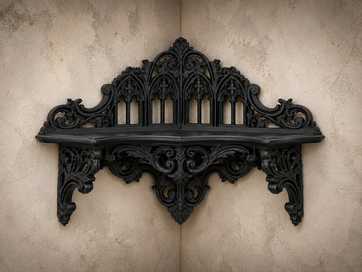 The Black Court — Corner Wall Shelf, Gothic Candle & Crystal Shelf, Hand-Painted
