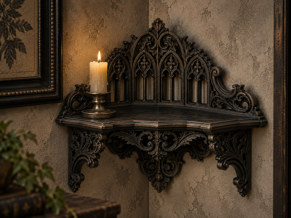 The Black Court — Corner Wall Shelf, Gothic Candle & Crystal Shelf, Hand-Painted