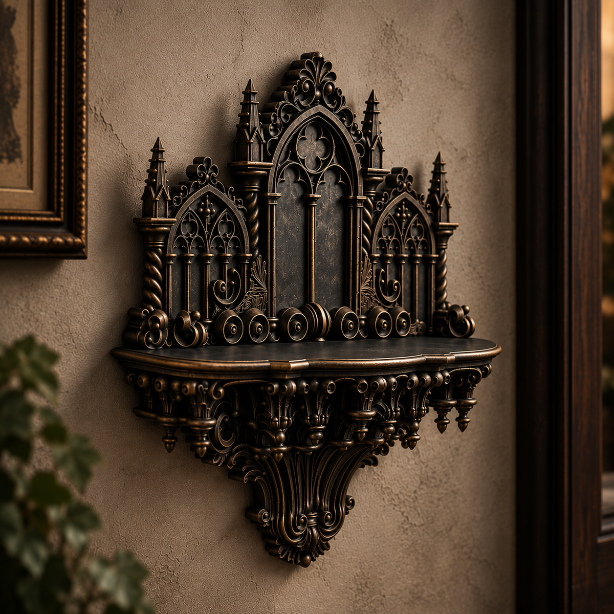 The Curios Chapel — Curio Display Shelf, Gothic Wall Cabinet, Hand-Painted