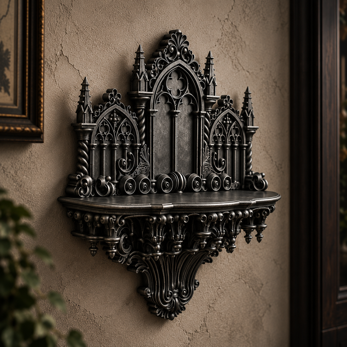 The Curios Chapel — Curio Display Shelf, Gothic Wall Cabinet, Hand-Painted