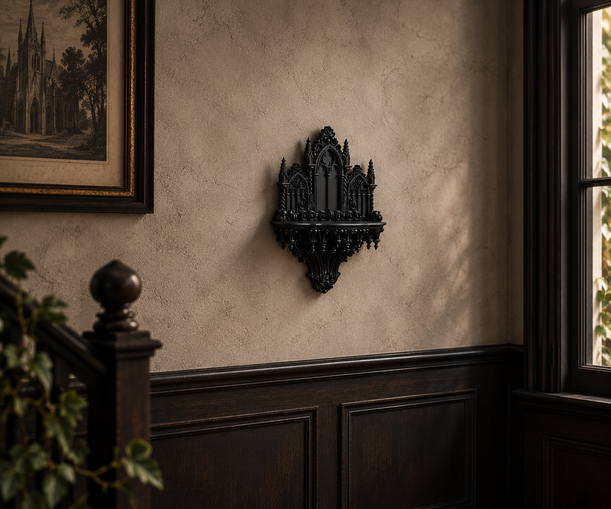 The Curios Chapel — Curio Display Shelf, Gothic Wall Cabinet, Hand-Painted